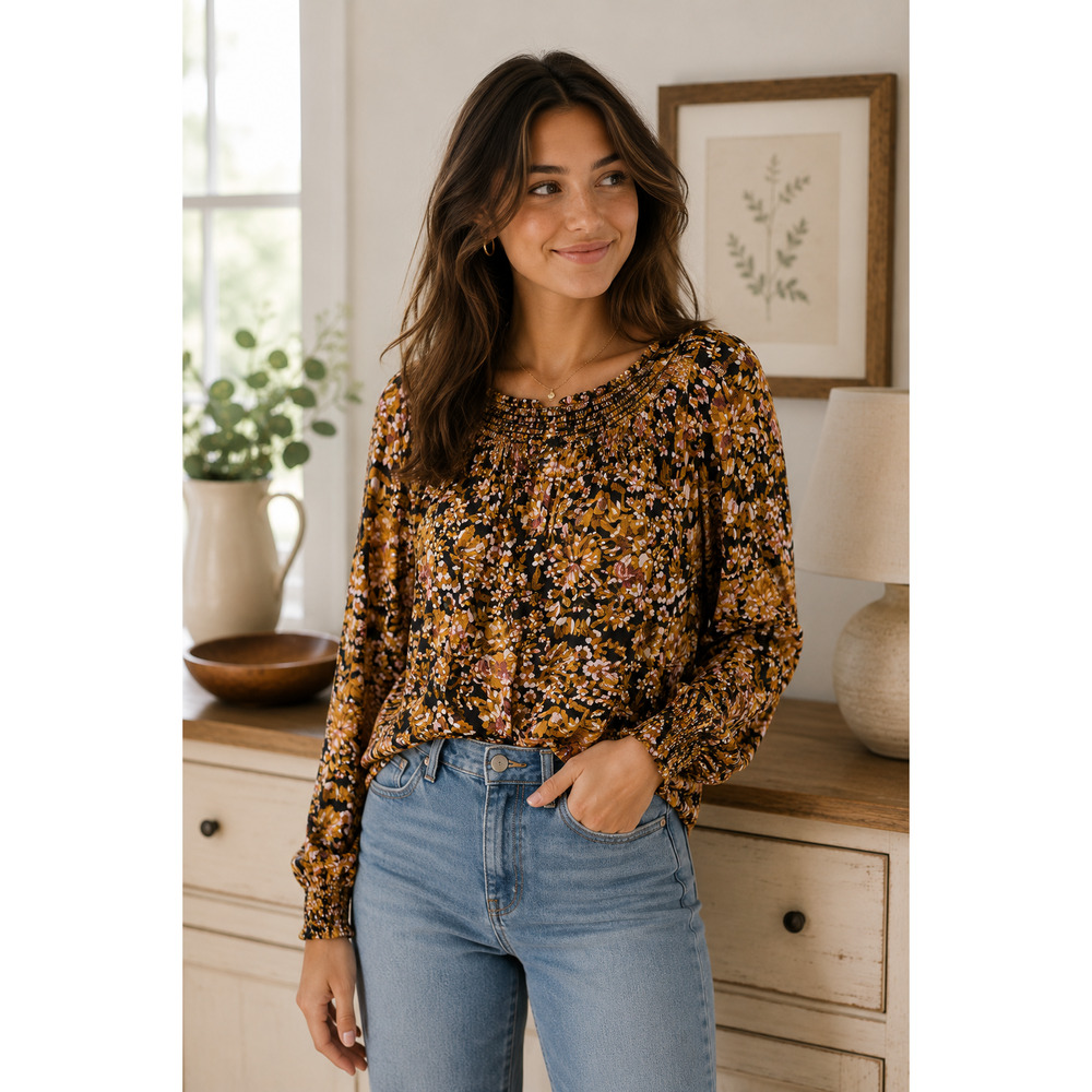 Jane and Delancey Floral Peasant Blouse Smocked Neckline Long Sleeve Top Size L